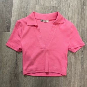 hot pink zara v neck with collar